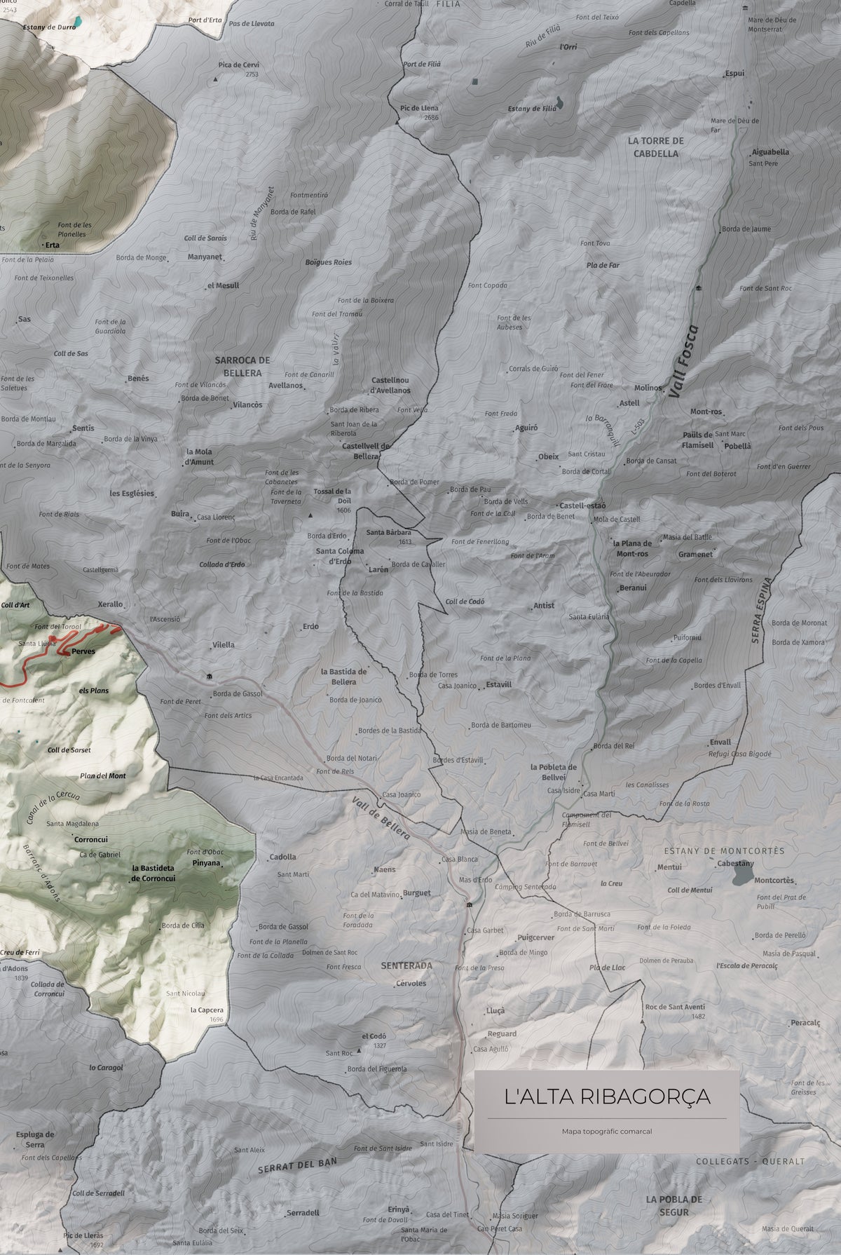 Mapa de relleu de l’Alta Ribagorça, amb el territori en color i l’entorn en blanc. Detall de la part inferior dreta. 61 × 91 cm. Estil Cartogràfic.