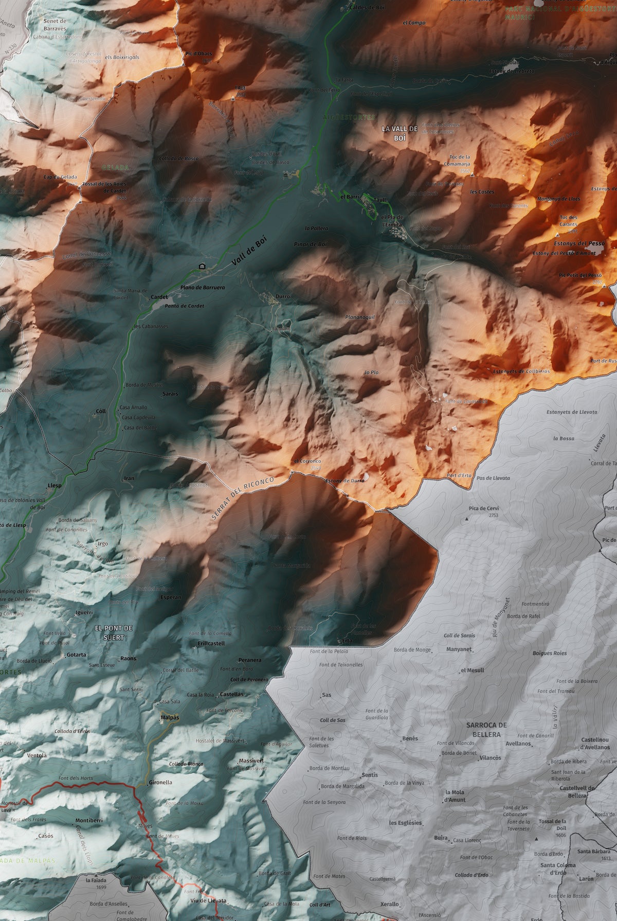 Mapa de relleu de l’Alta Ribagorça, amb el territori en color i l’entorn en blanc. Detall de la part central. 61 × 91 cm. Estil Blau i taronja.