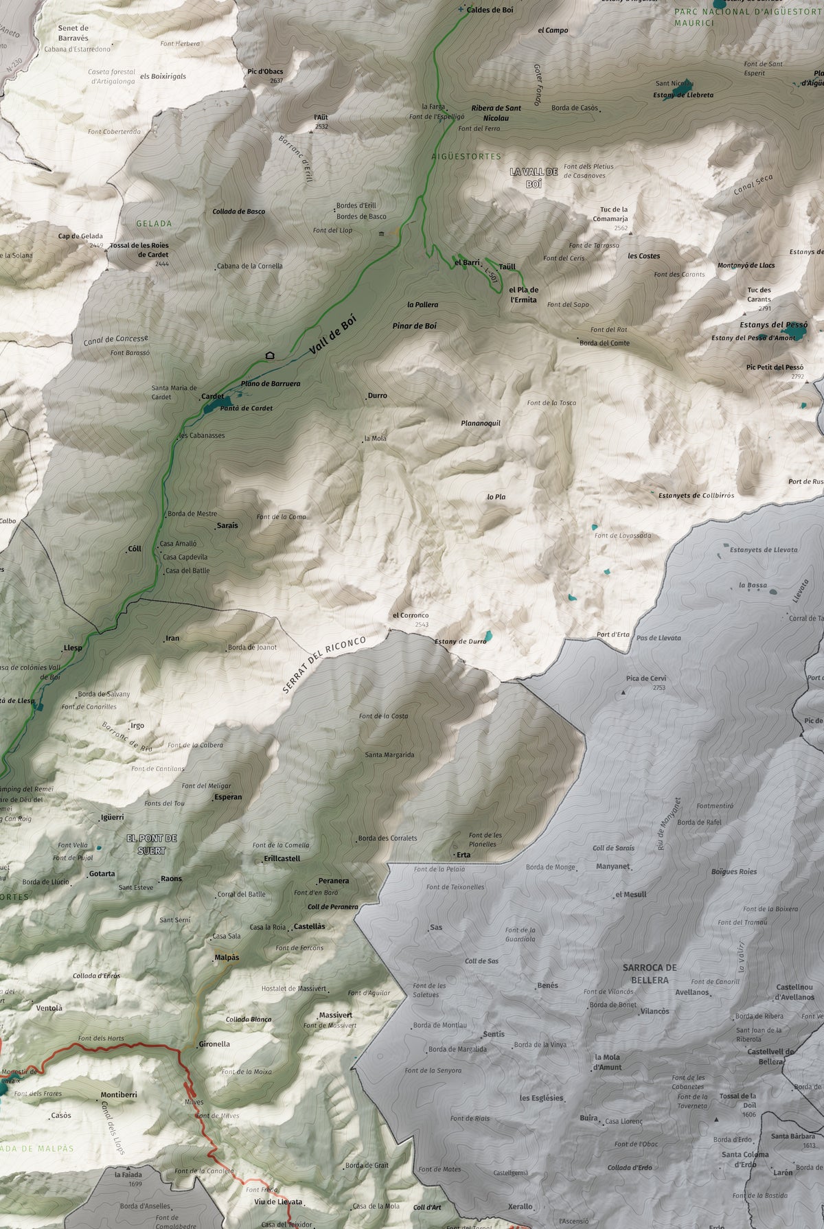 Mapa de relleu de l’Alta Ribagorça, amb el territori en color i l’entorn en blanc. Detall de la part central. 61 × 91 cm. Estil Cartogràfic.