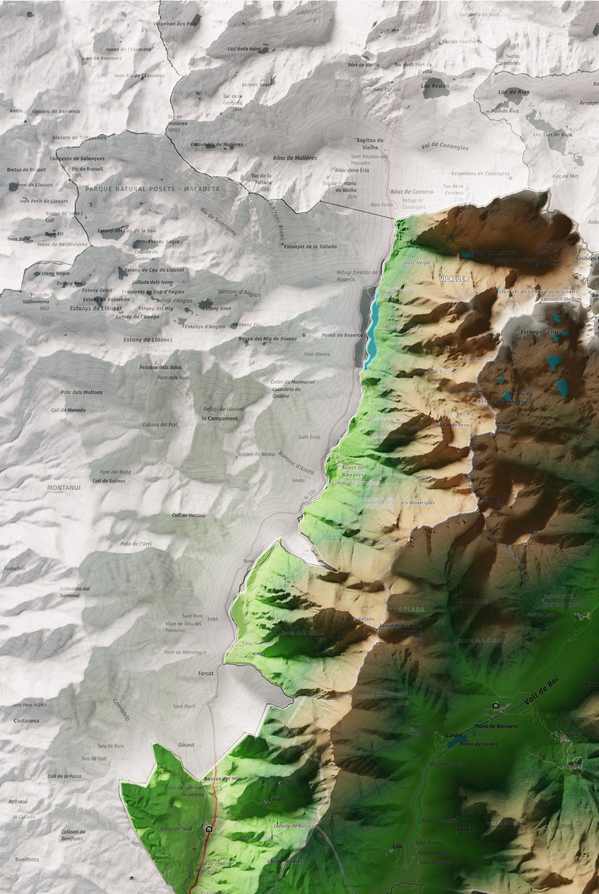 Mapa de relleu de l’Alta Ribagorça, amb el territori en color i l’entorn en blanc. Detall de la part superior esquerra. 61 × 91 cm. Estil Clàssic.