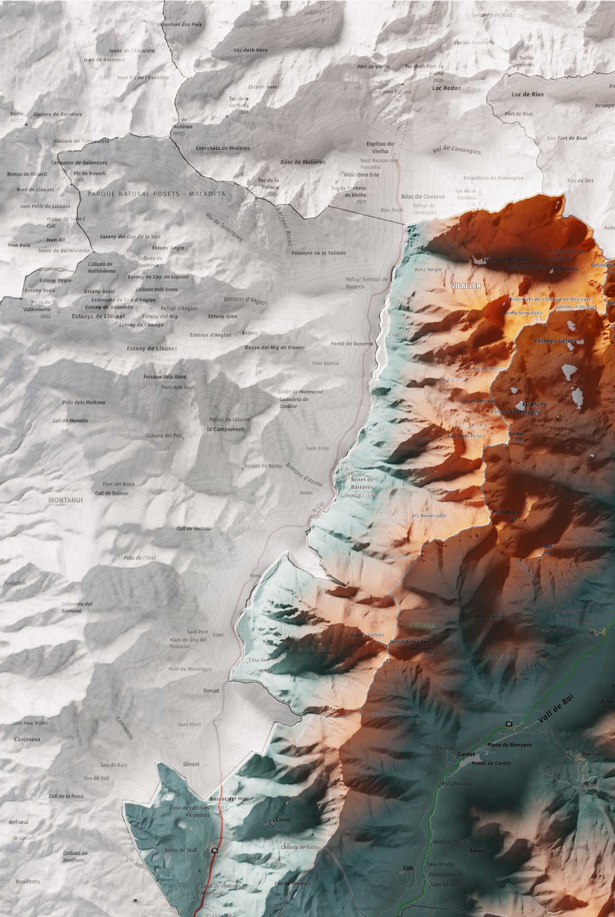 Mapa de relleu de l’Alta Ribagorça, amb el territori en color i l’entorn en blanc. Detall de la part superior esquerra. 61 × 91 cm. Estil Blau i taronja.