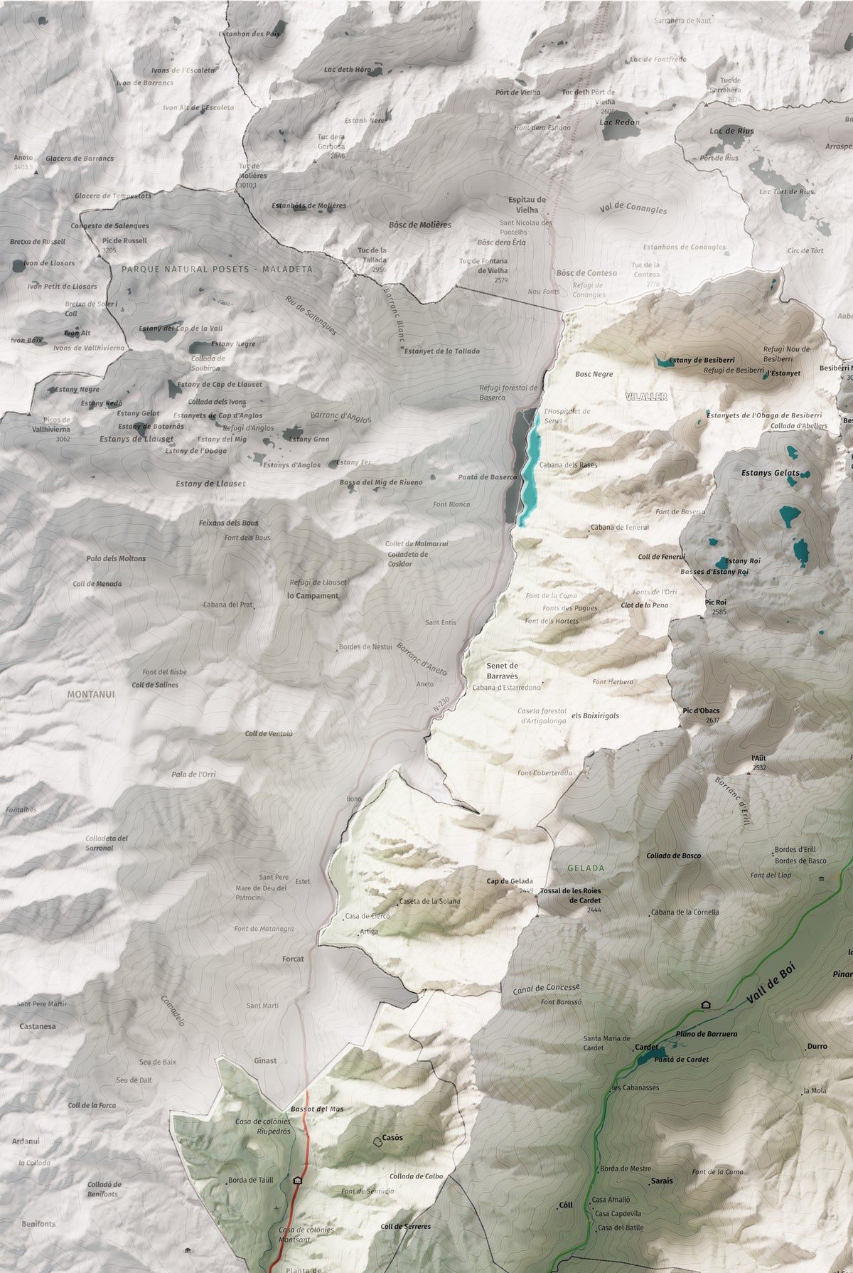 Mapa de relleu de l’Alta Ribagorça, amb el territori en color i l’entorn en blanc. Detall de la part superior esquerra. 61 × 91 cm. Estil Cartogràfic.