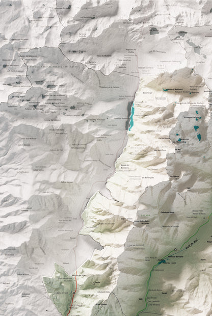 Mapa de relleu de l’Alta Ribagorça, amb el territori en color i l’entorn en blanc. Detall de la part superior esquerra. 61 × 91 cm. Estil Cartogràfic.
