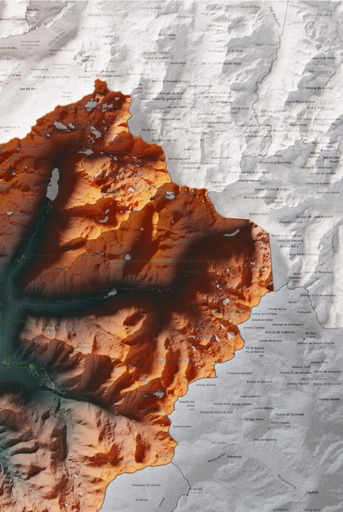 Mapa de relleu de l’Alta Ribagorça, amb el territori en color i l’entorn en blanc. Detall de la part superior dreta. 61 × 91 cm. Estil Blau i taronja.
