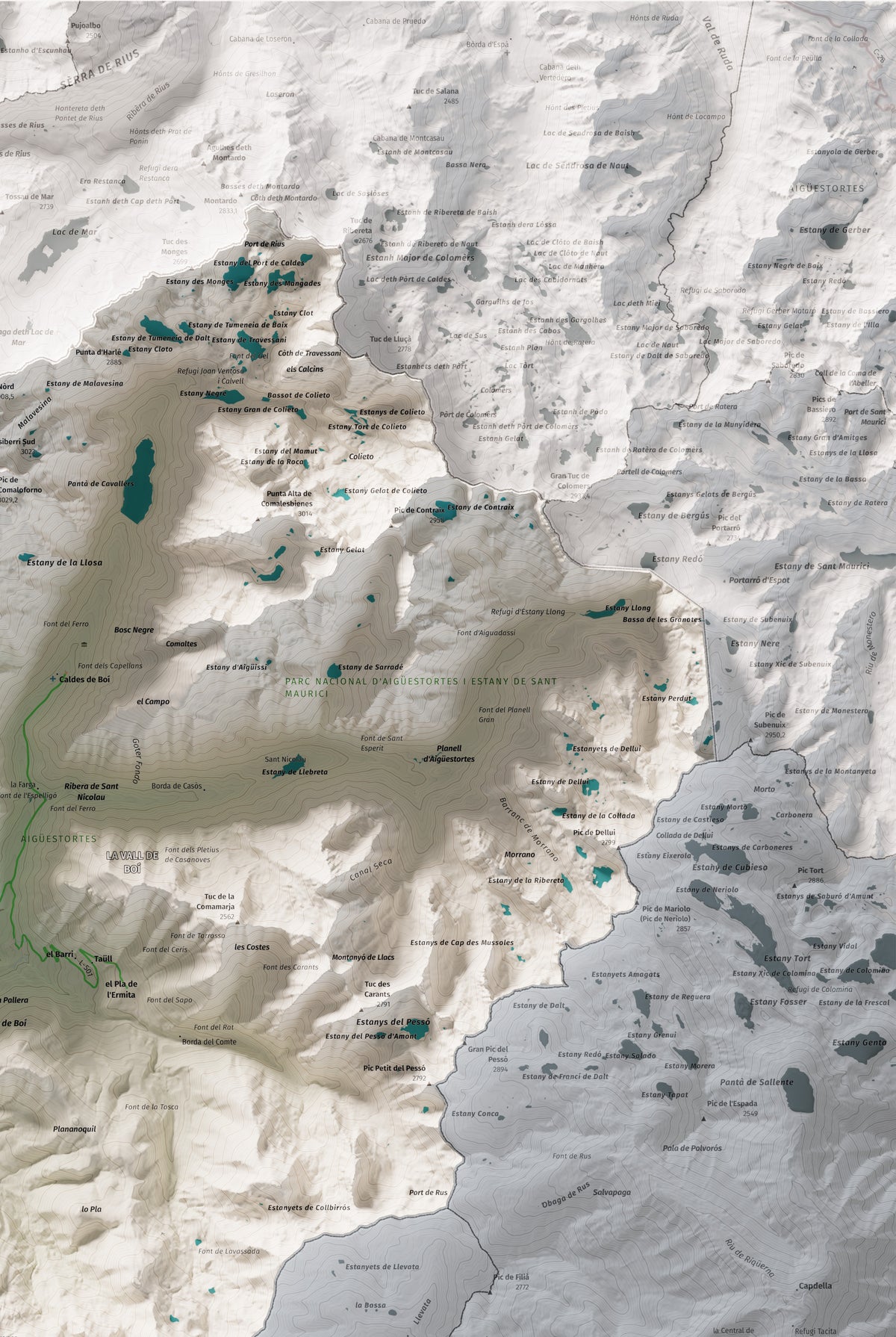 Mapa de relleu de l’Alta Ribagorça, amb el territori en color i l’entorn en blanc. Detall de la part superior dreta. 61 × 91 cm. Estil Cartogràfic.