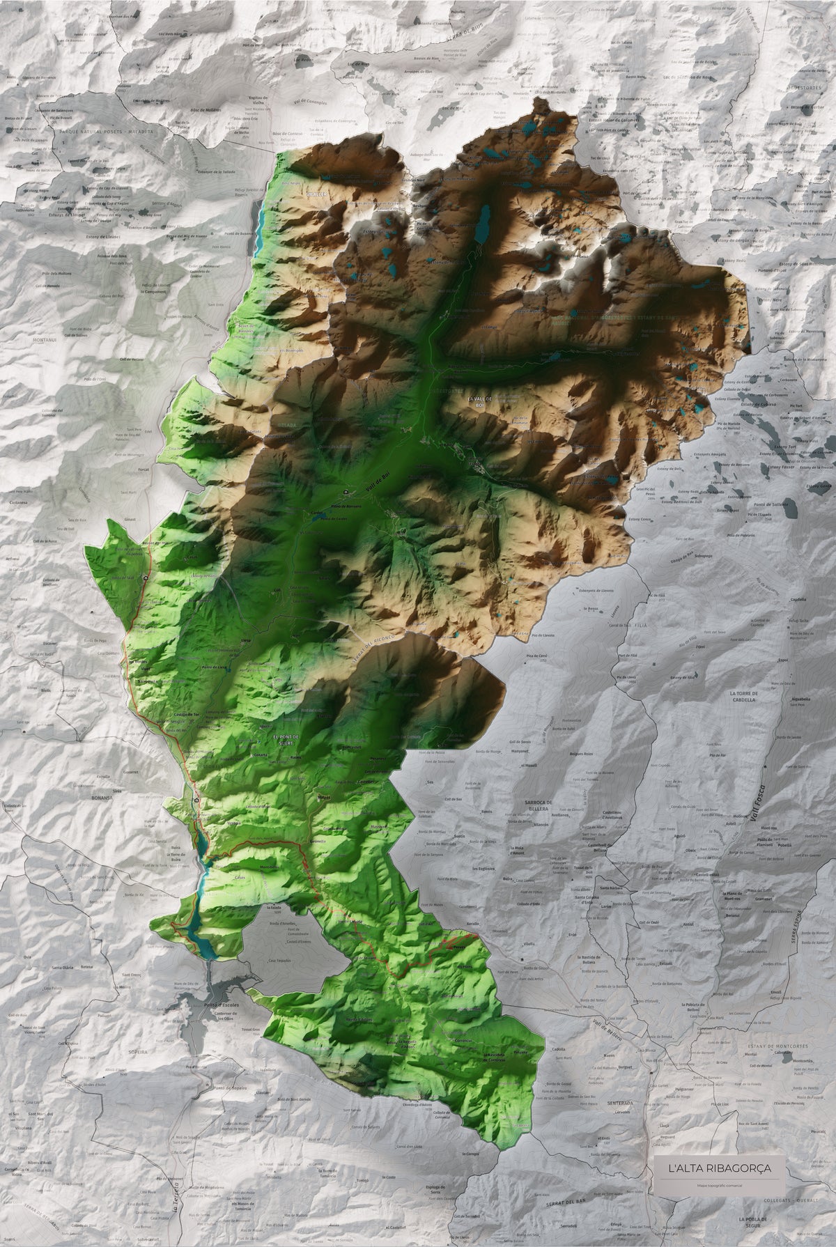 Mapa de relleu de l’Alta Ribagorça, amb el territori en color i l’entorn en blanc. Vista completa de la làmina. 61 × 91 cm. Estil Clàssic.