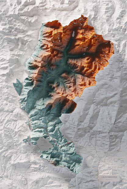 Mapa de relleu de l’Alta Ribagorça, amb el territori en color i l’entorn en blanc. Vista completa de la làmina. 61 × 91 cm. Estil Blau i taronja.