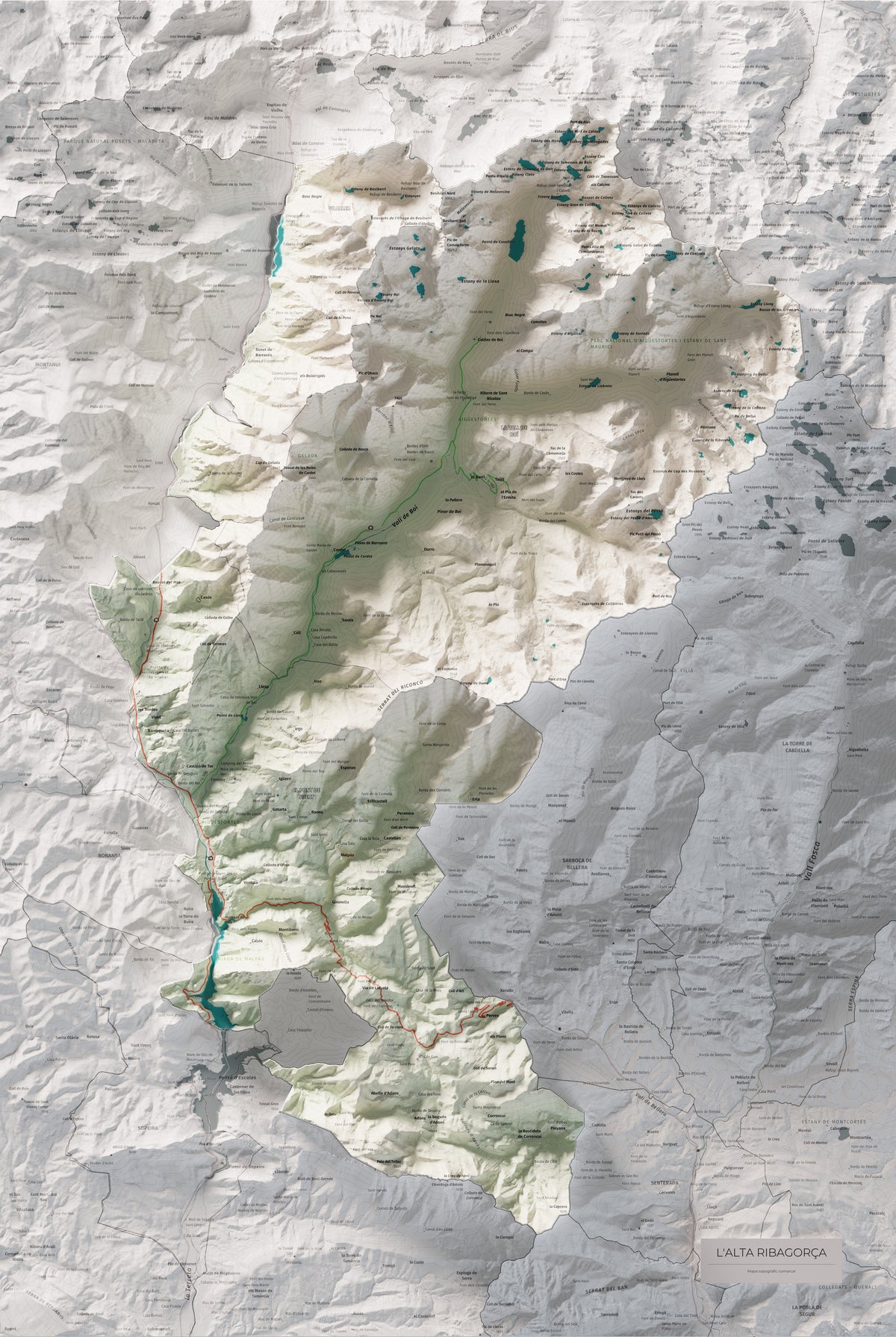 Mapa de relleu de l’Alta Ribagorça, amb el territori en color i l’entorn en blanc. Vista completa de la làmina. 61 × 91 cm. Estil Cartogràfic.