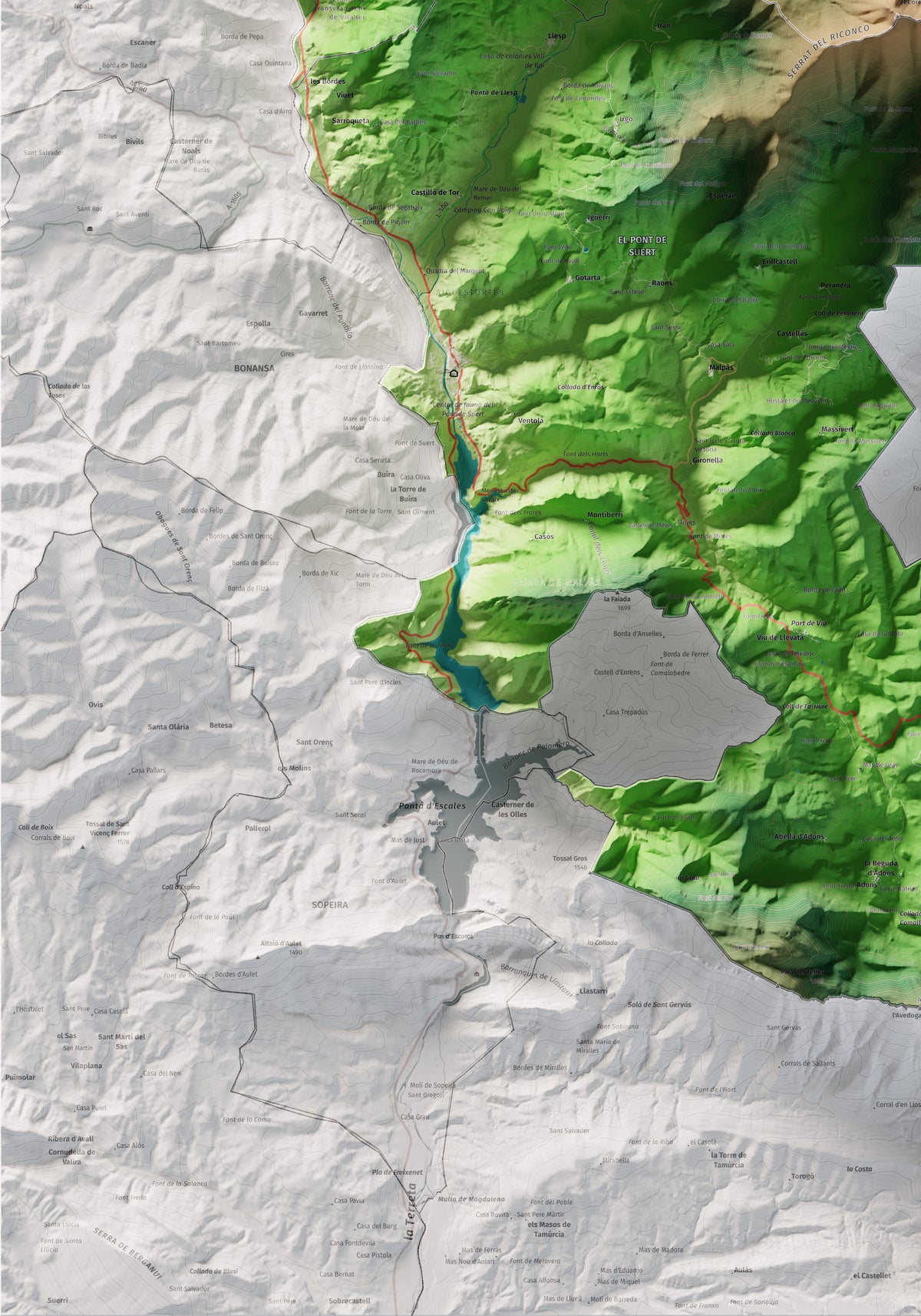 Mapa de relleu de l’Alta Ribagorça, amb el territori en color i l’entorn en blanc. Detall de la part inferior esquerra. 70 × 100 cm. Estil Clàssic.