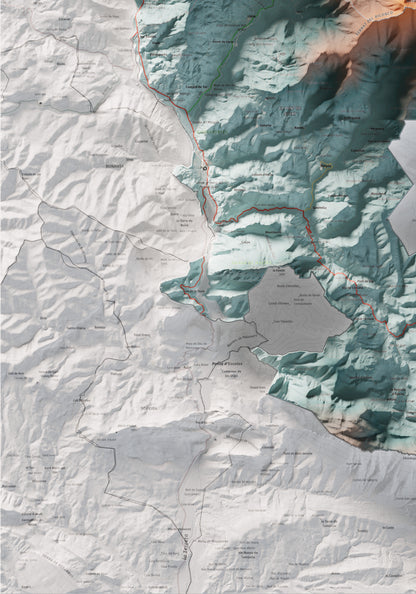 Mapa de relleu de l’Alta Ribagorça, amb el territori en color i l’entorn en blanc. Detall de la part inferior esquerra. 70 × 100 cm. Estil Blau i taronja.