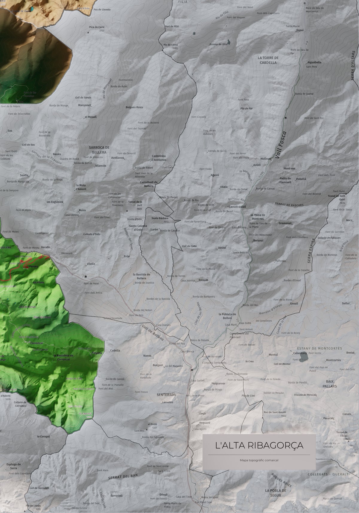 Mapa de relleu de l’Alta Ribagorça, amb el territori en color i l’entorn en blanc. Detall de la part inferior dreta. 70 × 100 cm. Estil Clàssic.