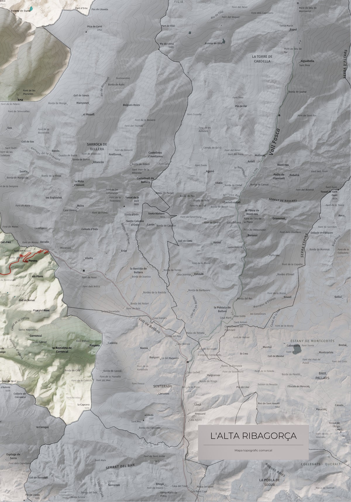 Mapa de relleu de l’Alta Ribagorça, amb el territori en color i l’entorn en blanc. Detall de la part inferior dreta. 70 × 100 cm. Estil Cartogràfic.