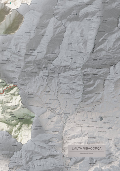 Mapa de relleu de l’Alta Ribagorça, amb el territori en color i l’entorn en blanc. Detall de la part inferior dreta. 70 × 100 cm. Estil Cartogràfic.