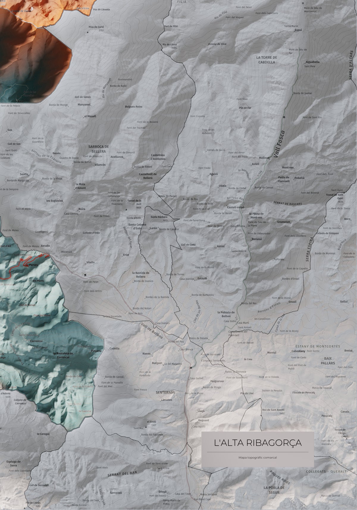 Mapa de relleu de l’Alta Ribagorça, amb el territori en color i l’entorn en blanc. Detall de la part inferior dreta. 70 × 100 cm. Estil Blau i taronja.