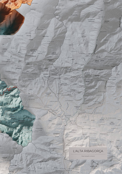 Mapa de relleu de l’Alta Ribagorça, amb el territori en color i l’entorn en blanc. Detall de la part inferior dreta. 70 × 100 cm. Estil Blau i taronja.