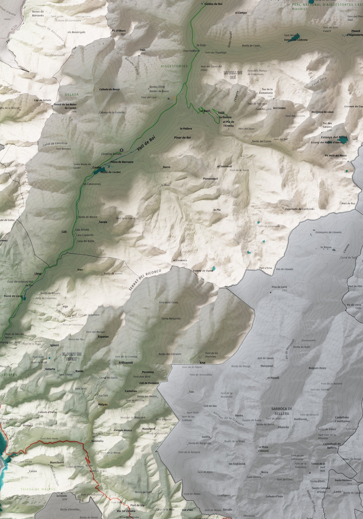 Mapa de relleu de l’Alta Ribagorça, amb el territori en color i l’entorn en blanc. Detall de la part central. 70 × 100 cm. Estil Cartogràfic.