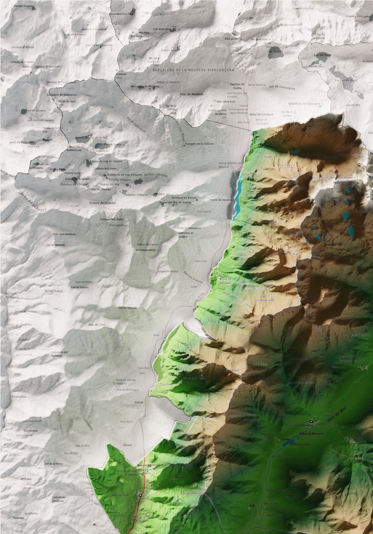 Mapa de relleu de l’Alta Ribagorça, amb el territori en color i l’entorn en blanc. Detall de la part superior esquerra. 70 × 100 cm. Estil Clàssic.