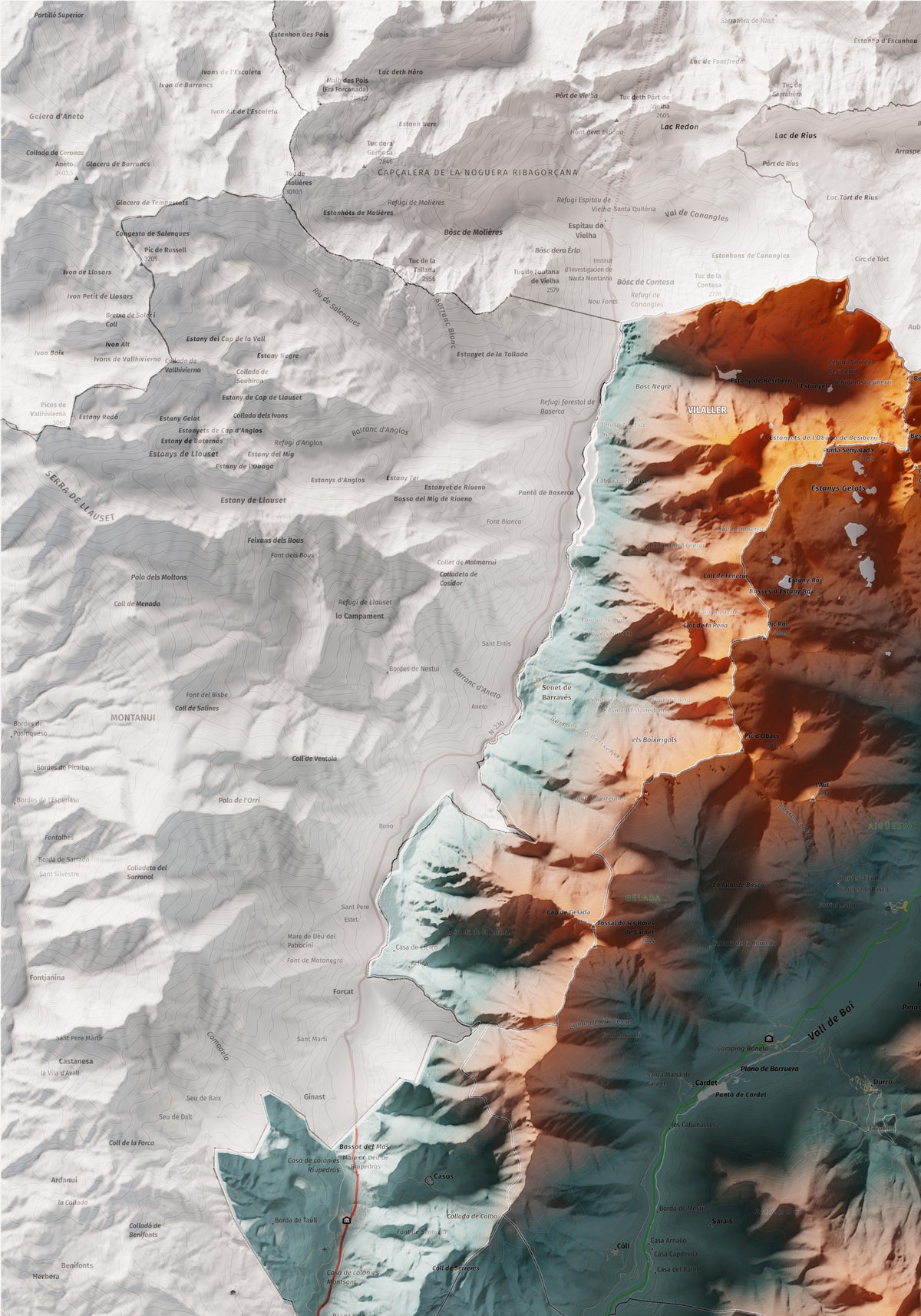 Mapa de relleu de l’Alta Ribagorça, amb el territori en color i l’entorn en blanc. Detall de la part superior esquerra. 70 × 100 cm. Estil Blau i taronja.