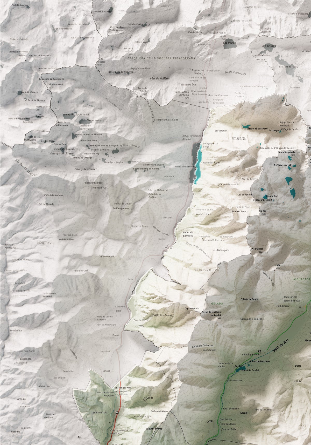 Mapa de relleu de l’Alta Ribagorça, amb el territori en color i l’entorn en blanc. Detall de la part superior esquerra. 70 × 100 cm. Estil Cartogràfic.