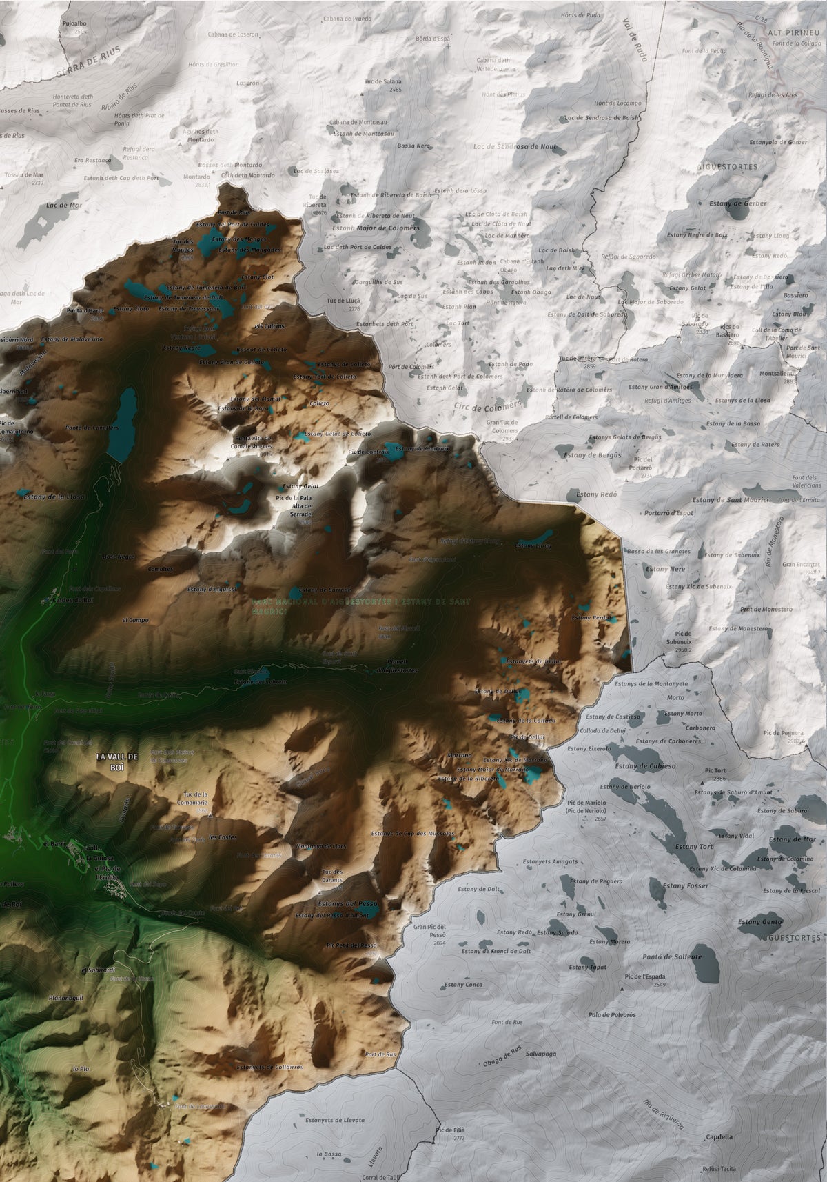 Mapa de relleu de l’Alta Ribagorça, amb el territori en color i l’entorn en blanc. Detall de la part superior dreta. 70 × 100 cm. Estil Clàssic.