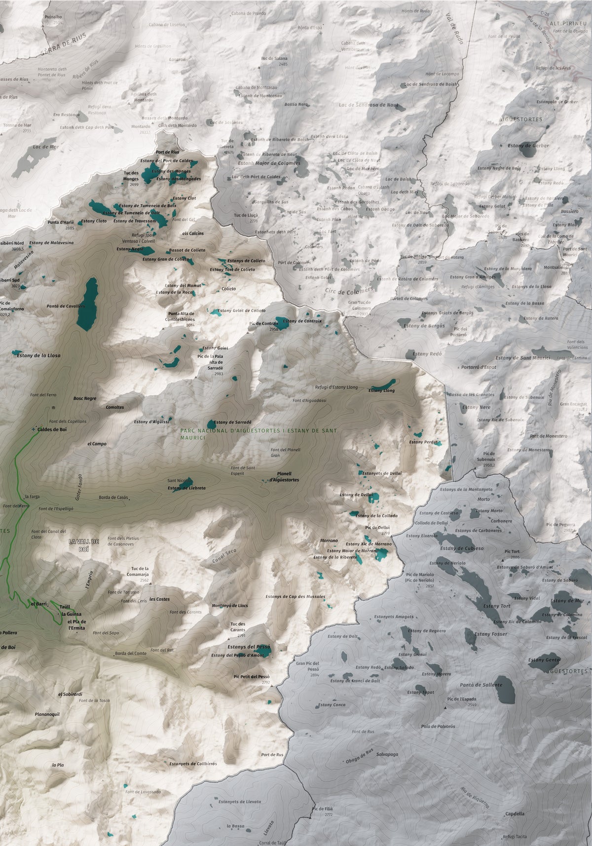 Mapa de relleu de l’Alta Ribagorça, amb el territori en color i l’entorn en blanc. Detall de la part superior dreta. 70 × 100 cm. Estil Cartogràfic.