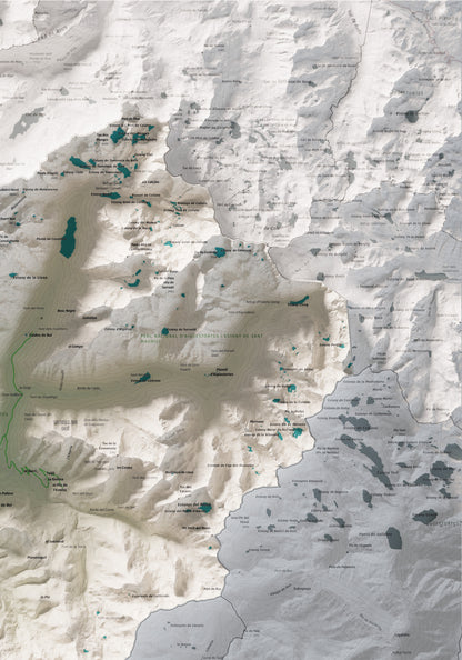 Mapa de relleu de l’Alta Ribagorça, amb el territori en color i l’entorn en blanc. Detall de la part superior dreta. 70 × 100 cm. Estil Cartogràfic.