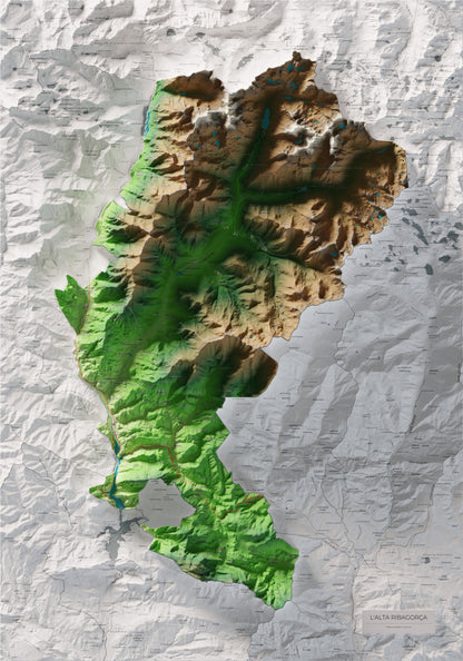 Mapa de relleu de l’Alta Ribagorça, amb el territori en color i l’entorn en blanc. Vista completa de la làmina. 70 × 100 cm. Estil Clàssic.