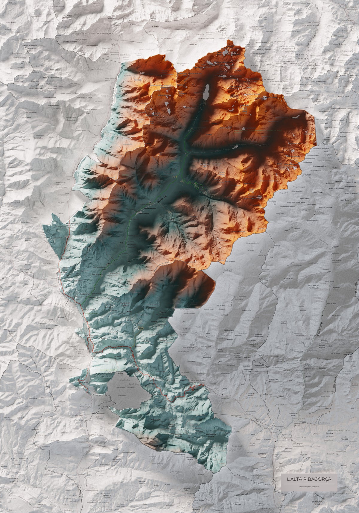 Mapa de relleu de l’Alta Ribagorça, amb el territori en color i l’entorn en blanc. Vista completa de la làmina. 70 × 100 cm. Estil Blau i taronja.