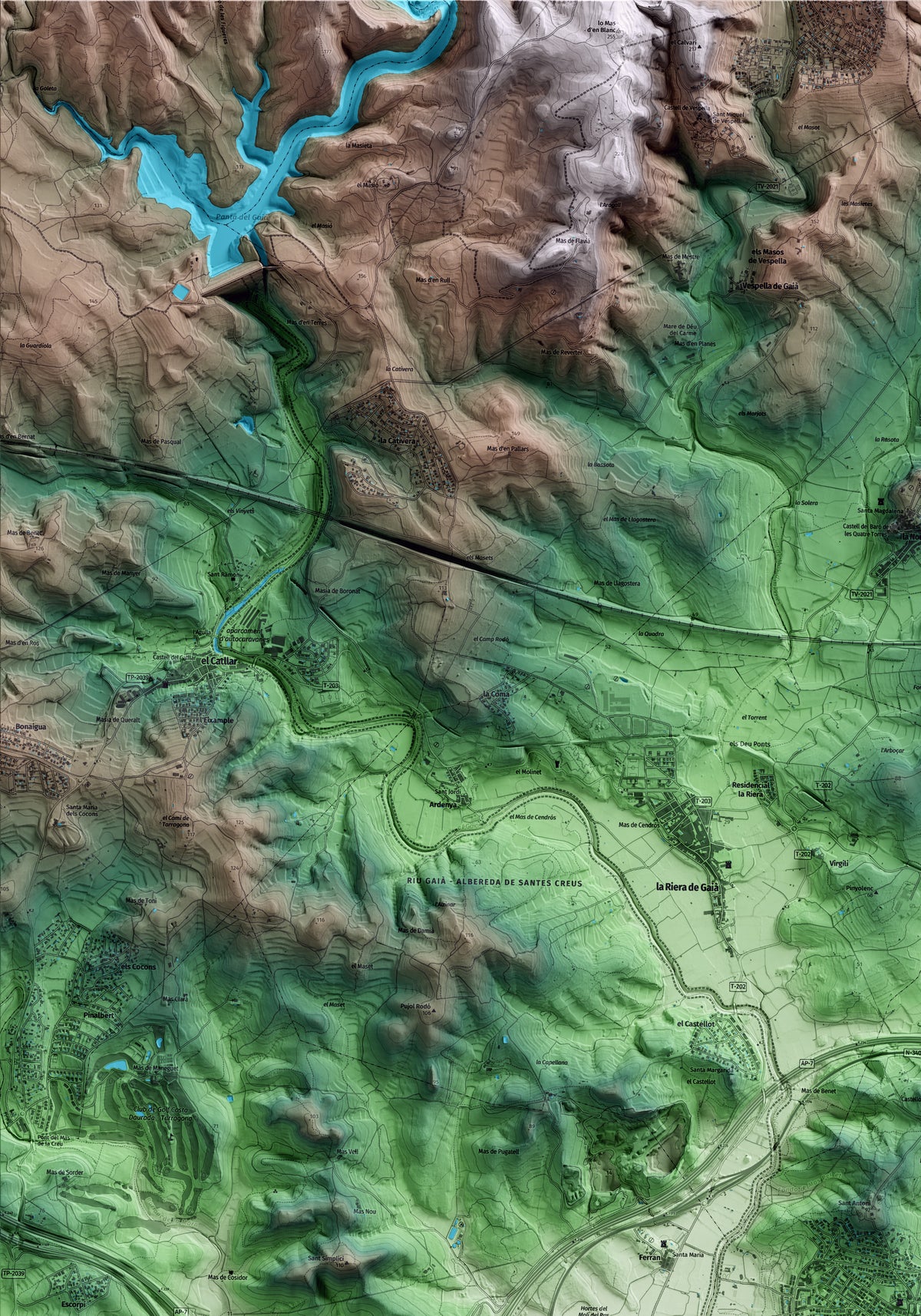 Mapa artístico del relieve de Altafulla, al Tarragonès, con 15 km de entorno y base topográfica ICGC. Detalle de la zona superior izquierda.