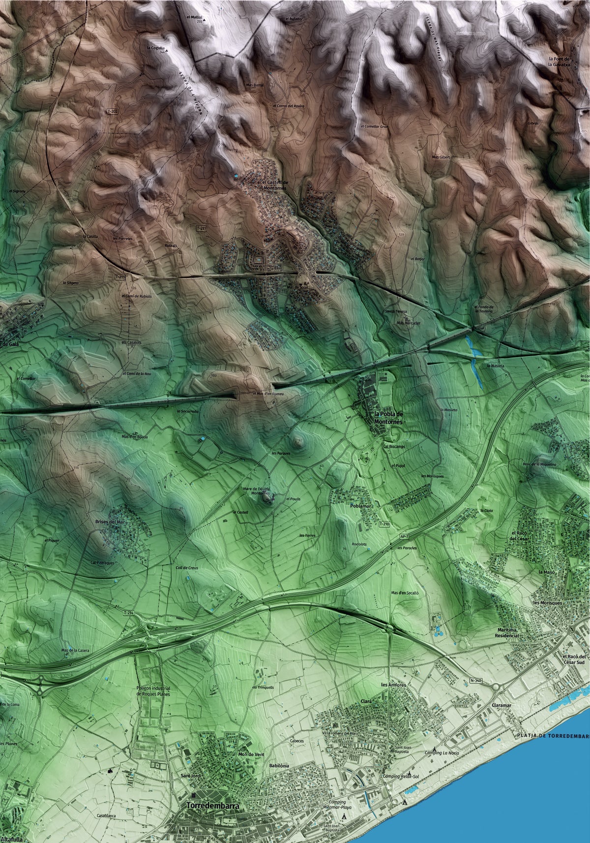 Mapa artístico del relieve de Altafulla, al Tarragonès, con 15 km de entorno y base topográfica ICGC. Detalle de la zona superior derecha.