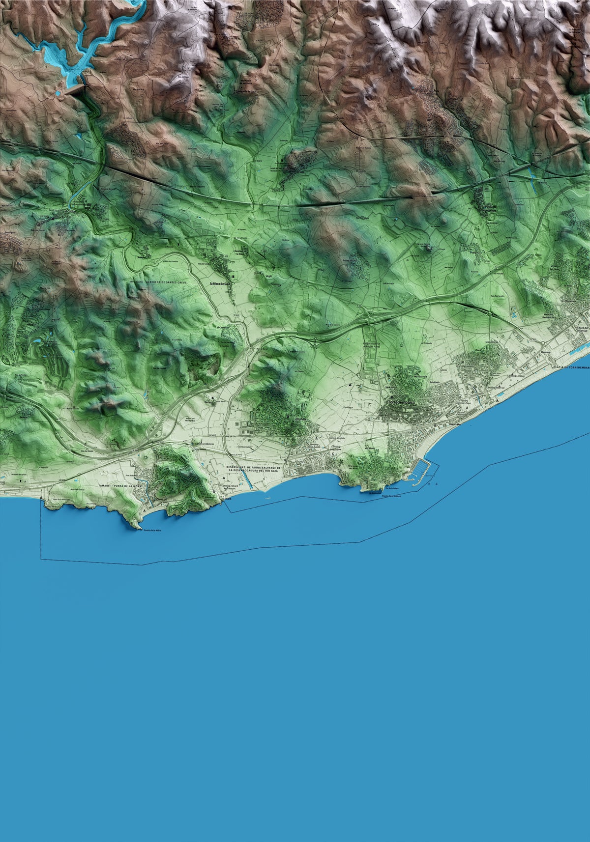 Mapa artístico del relieve de Altafulla, al Tarragonès, con 15 km de entorno y base topográfica ICGC