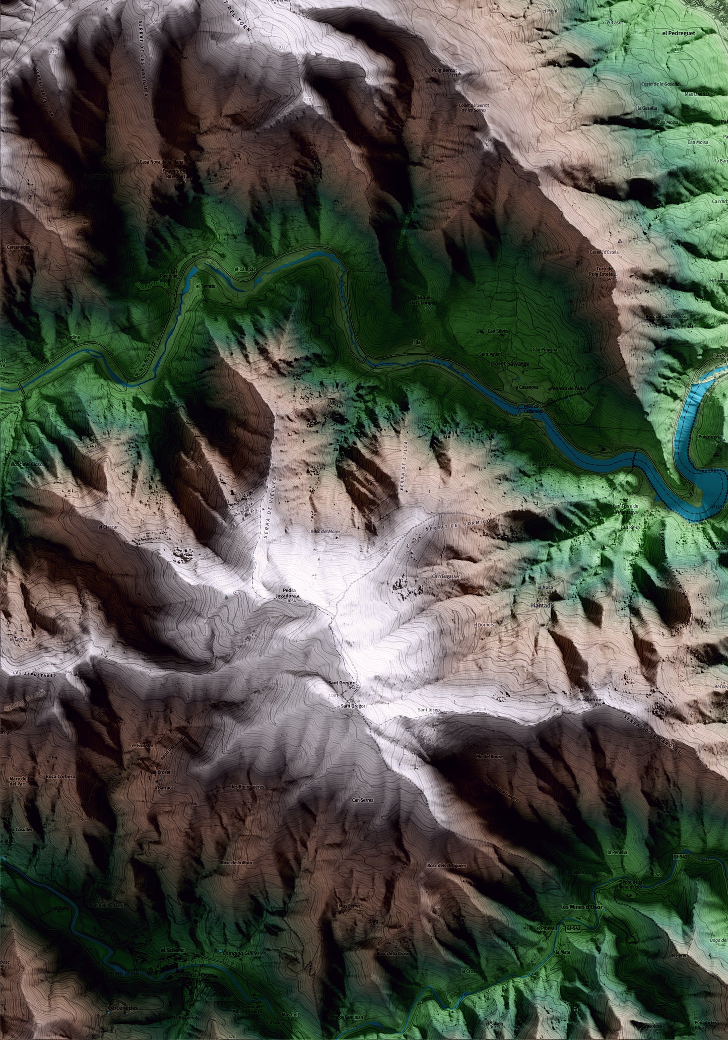 Mapa artístico del relieve de Amer, a la Selva, con 15 km de entorno y base topográfica ICGC. Detalle de la zona inferior izquierda.