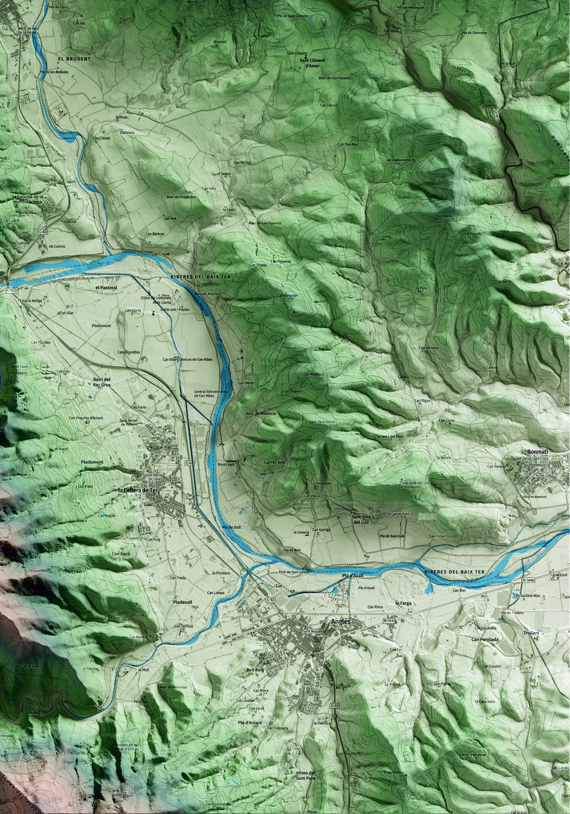 Mapa artístico del relieve de Amer, a la Selva, con 15 km de entorno y base topográfica ICGC. Detalle de la zona inferior derecha.