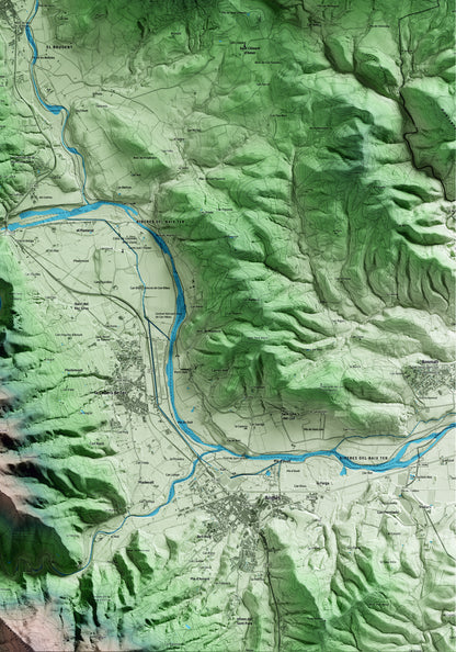 Mapa artístico del relieve de Amer, a la Selva, con 15 km de entorno y base topográfica ICGC. Detalle de la zona inferior derecha.