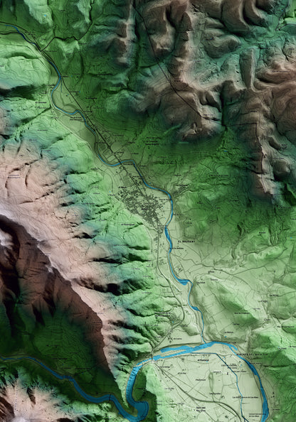 Mapa artístico del relieve de Amer, a la Selva, con 15 km de entorno y base topográfica ICGC. Detalle de la zona central.