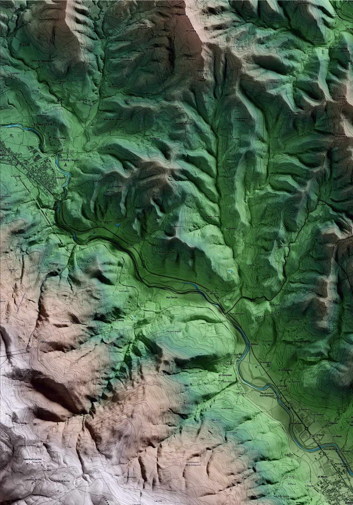 Mapa artístico del relieve de Amer, a la Selva, con 15 km de entorno y base topográfica ICGC. Detalle de la zona superior izquierda.