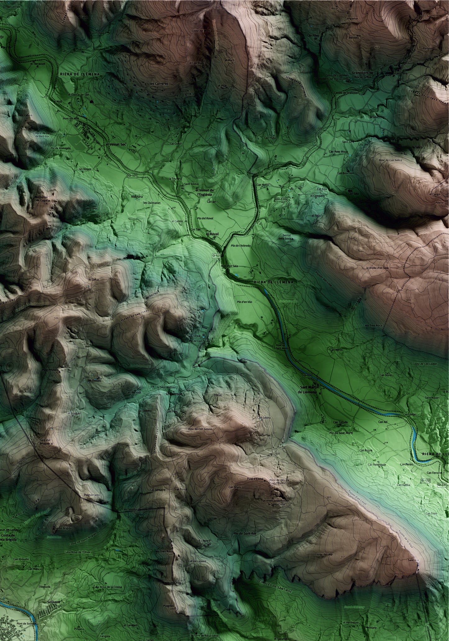 Mapa artístico del relieve de Amer, a la Selva, con 15 km de entorno y base topográfica ICGC. Detalle de la zona superior derecha.
