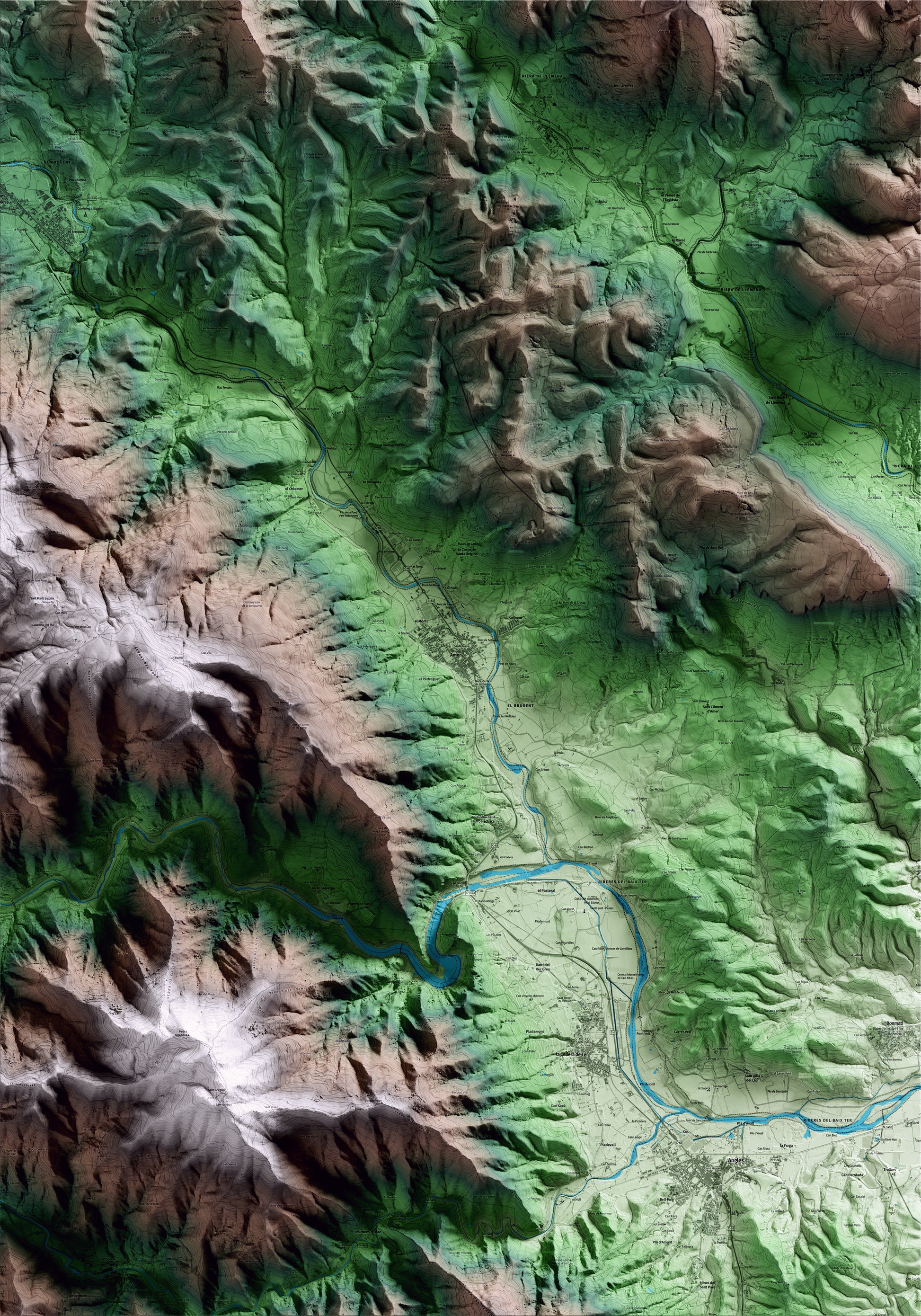 Mapa artístico del relieve de Amer, a la Selva, con 15 km de entorno y base topográfica ICGC