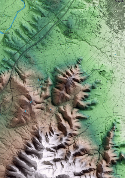 Mapa artístico del relieve de Amposta, al Montsià, con 15 km de entorno y base topográfica ICGC. Detalle de la zona inferior izquierda.