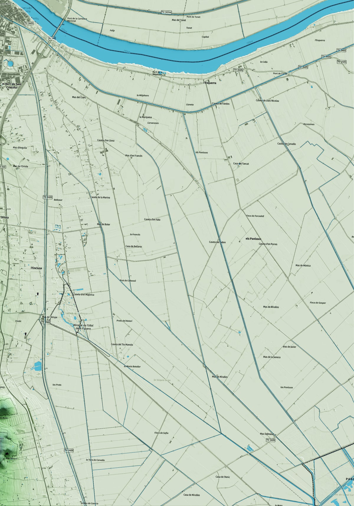 Mapa artístico del relieve de Amposta, al Montsià, con 15 km de entorno y base topográfica ICGC. Detalle de la zona inferior derecha.