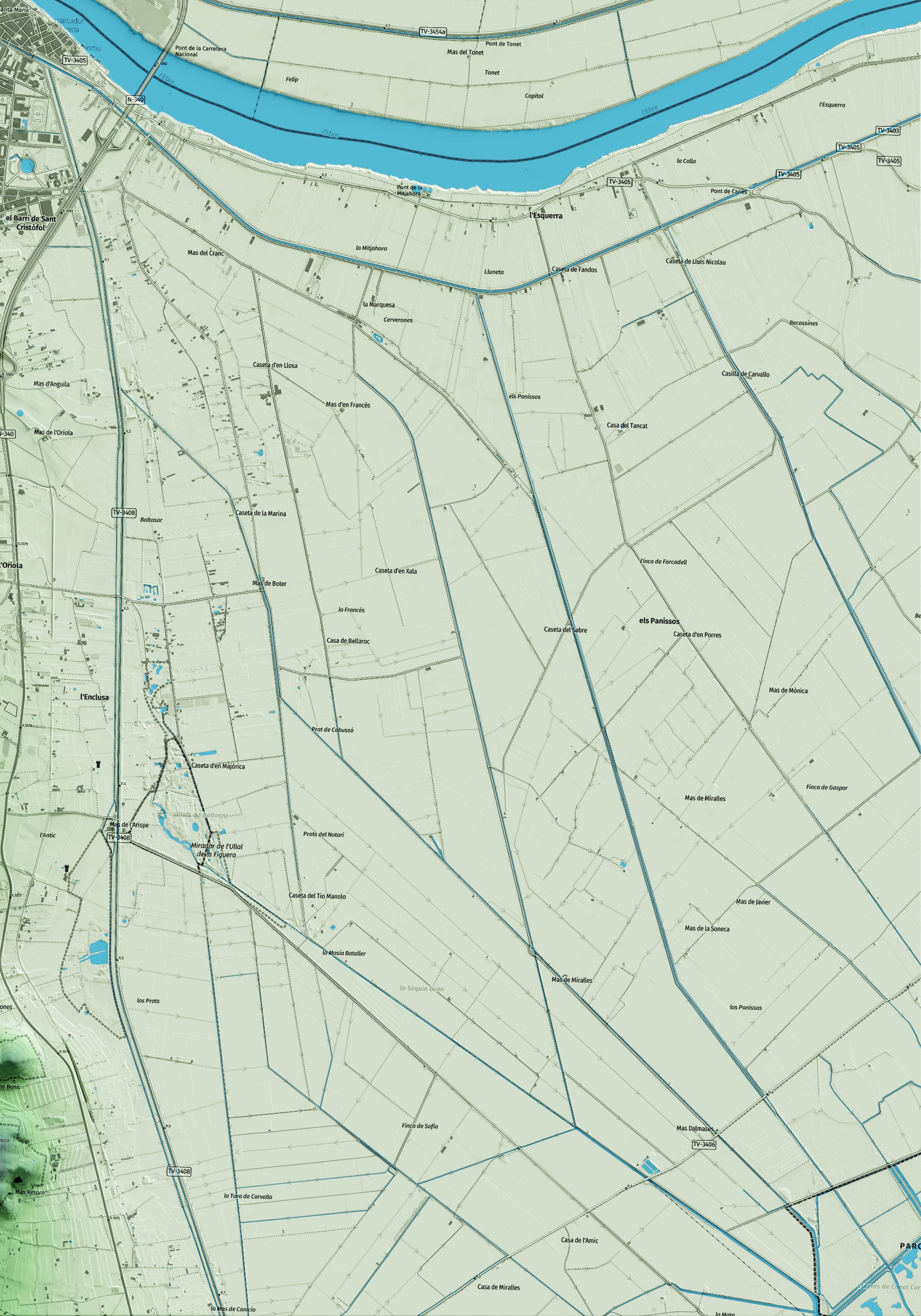 Mapa artístico del relieve de Amposta, al Montsià, con 15 km de entorno y base topográfica ICGC. Detalle de la zona inferior derecha.
