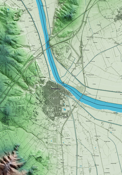 Mapa artístico del relieve de Amposta, al Montsià, con 15 km de entorno y base topográfica ICGC. Detalle de la zona central.