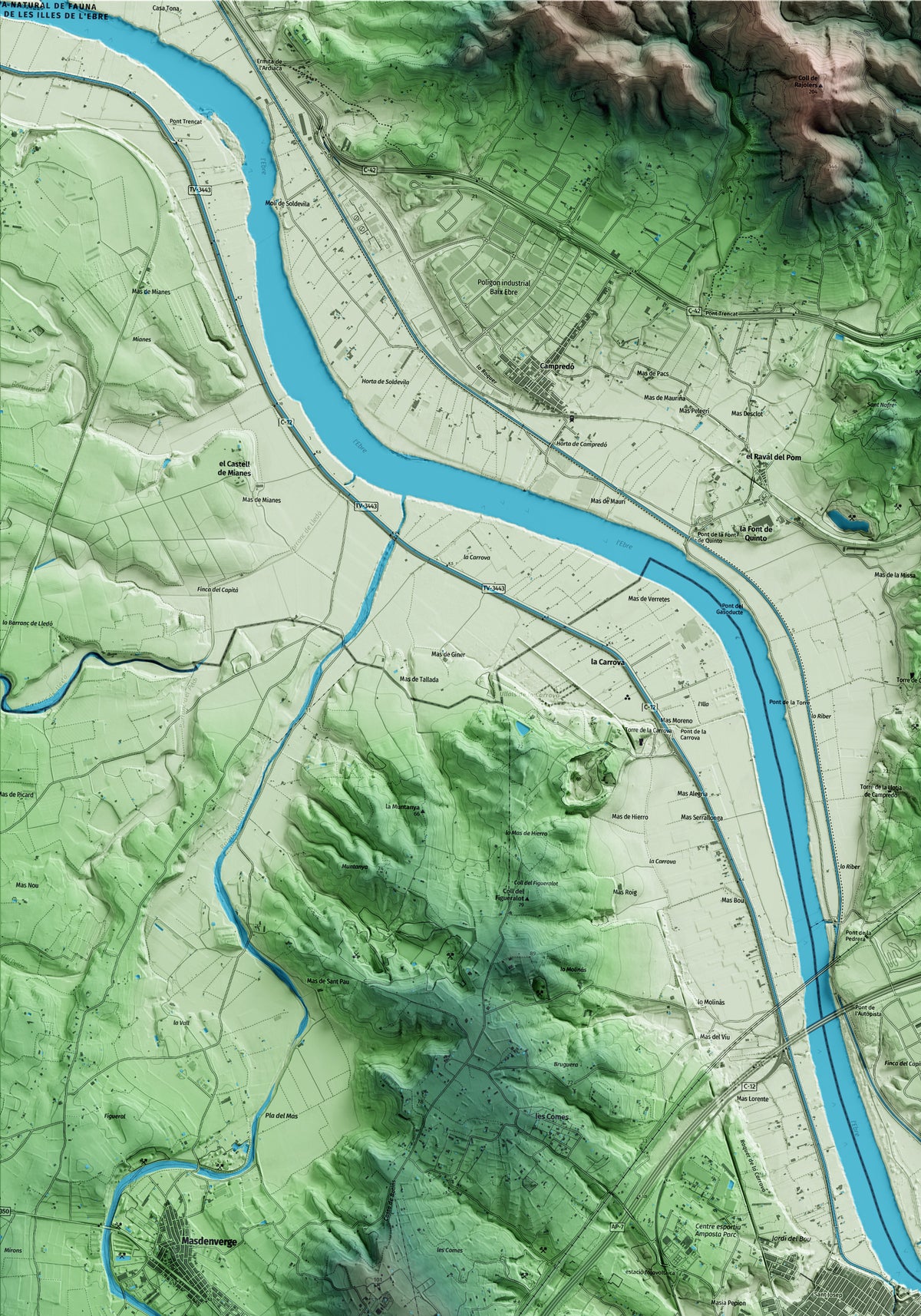 Mapa artístico del relieve de Amposta, al Montsià, con 15 km de entorno y base topográfica ICGC. Detalle de la zona superior izquierda.