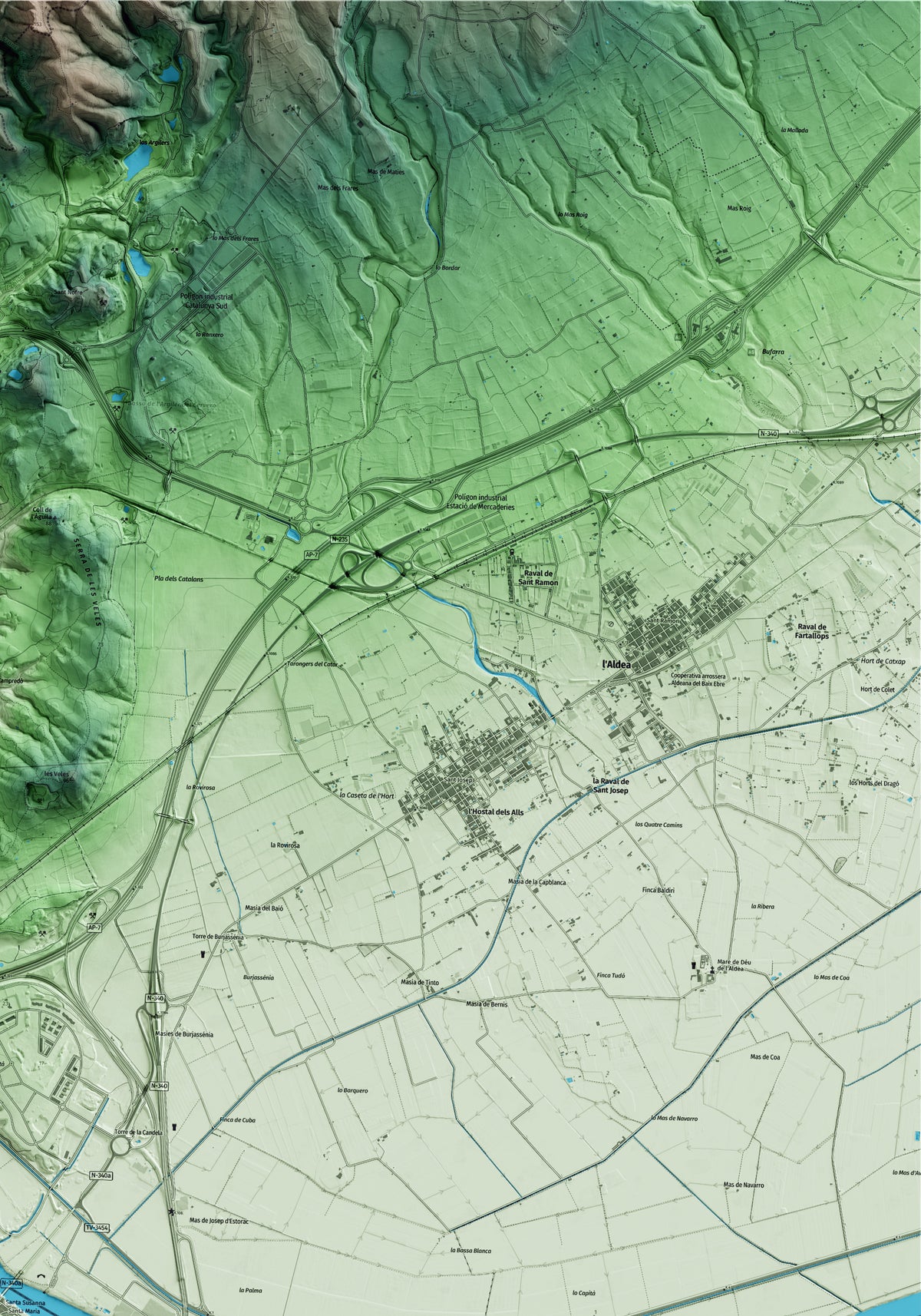 Mapa artístico del relieve de Amposta, al Montsià, con 15 km de entorno y base topográfica ICGC. Detalle de la zona superior derecha.