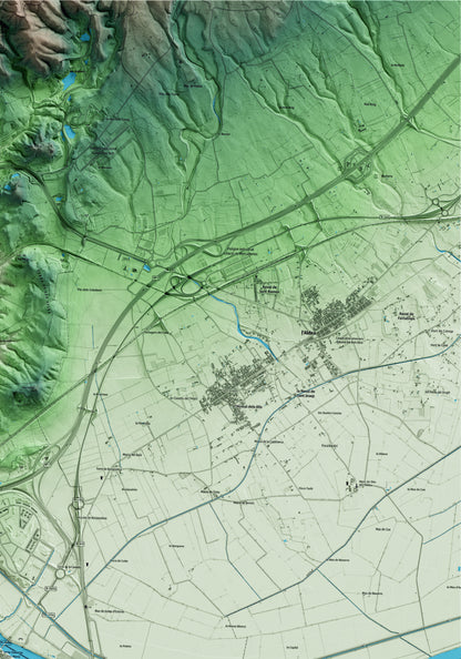 Mapa artístico del relieve de Amposta, al Montsià, con 15 km de entorno y base topográfica ICGC. Detalle de la zona superior derecha.