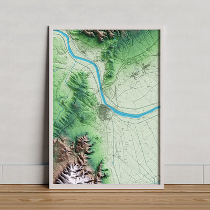 Mapa artístico del relieve de Amposta, al Montsià, con 15 km de entorno y base topográfica ICGC. Presentación enmarcada.
