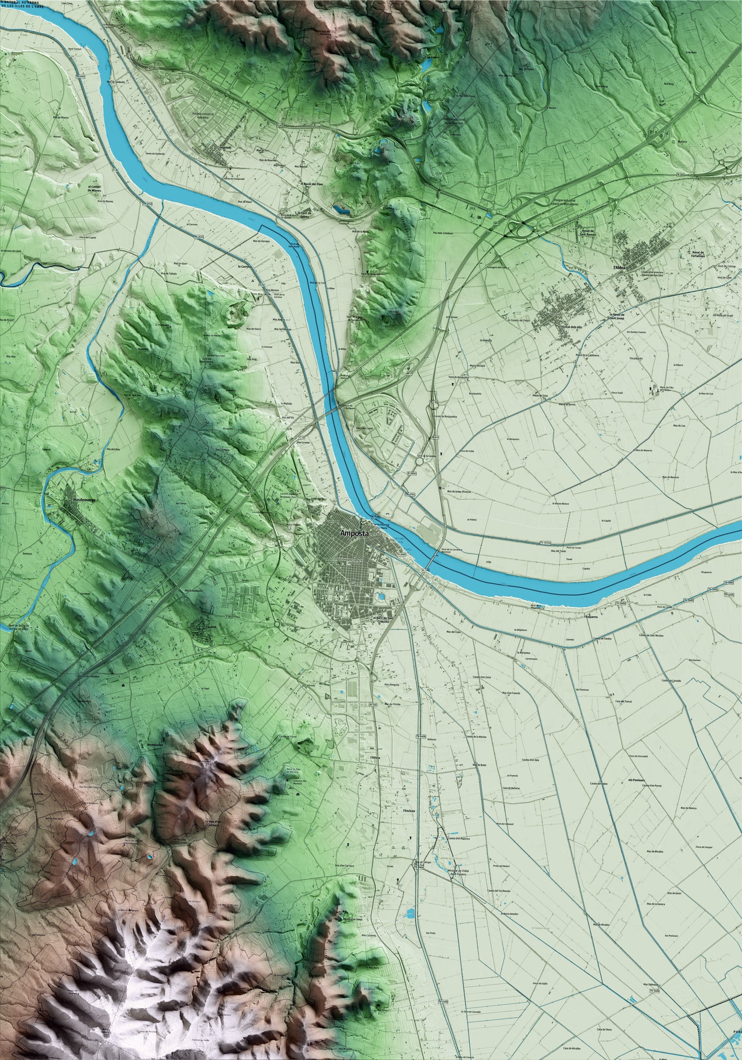 Mapa artístico del relieve de Amposta, al Montsià, con 15 km de entorno y base topográfica ICGC