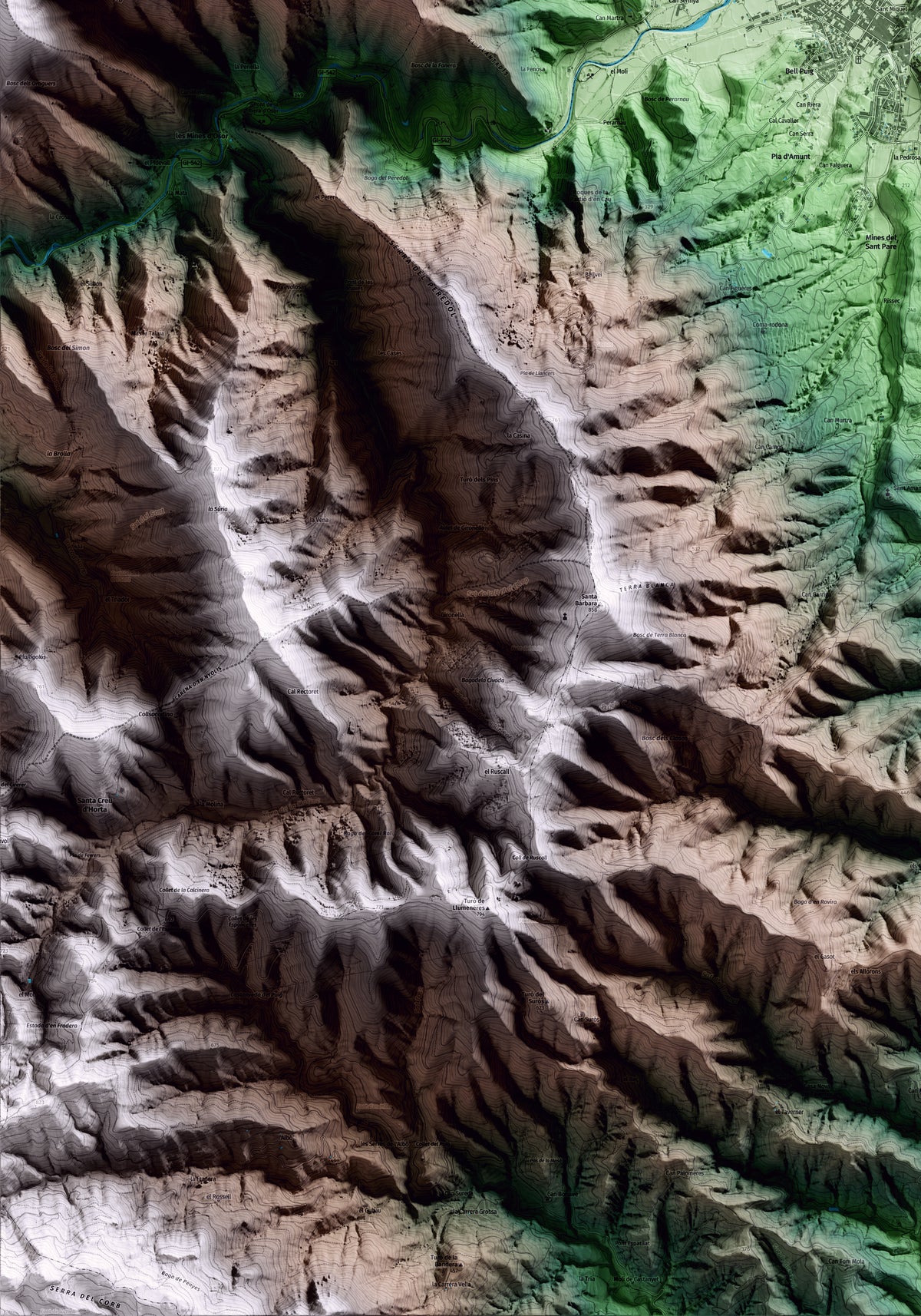 Mapa artístico del relieve de Anglès, a la Selva, con 15 km de entorno y base topográfica ICGC. Detalle de la zona inferior izquierda.