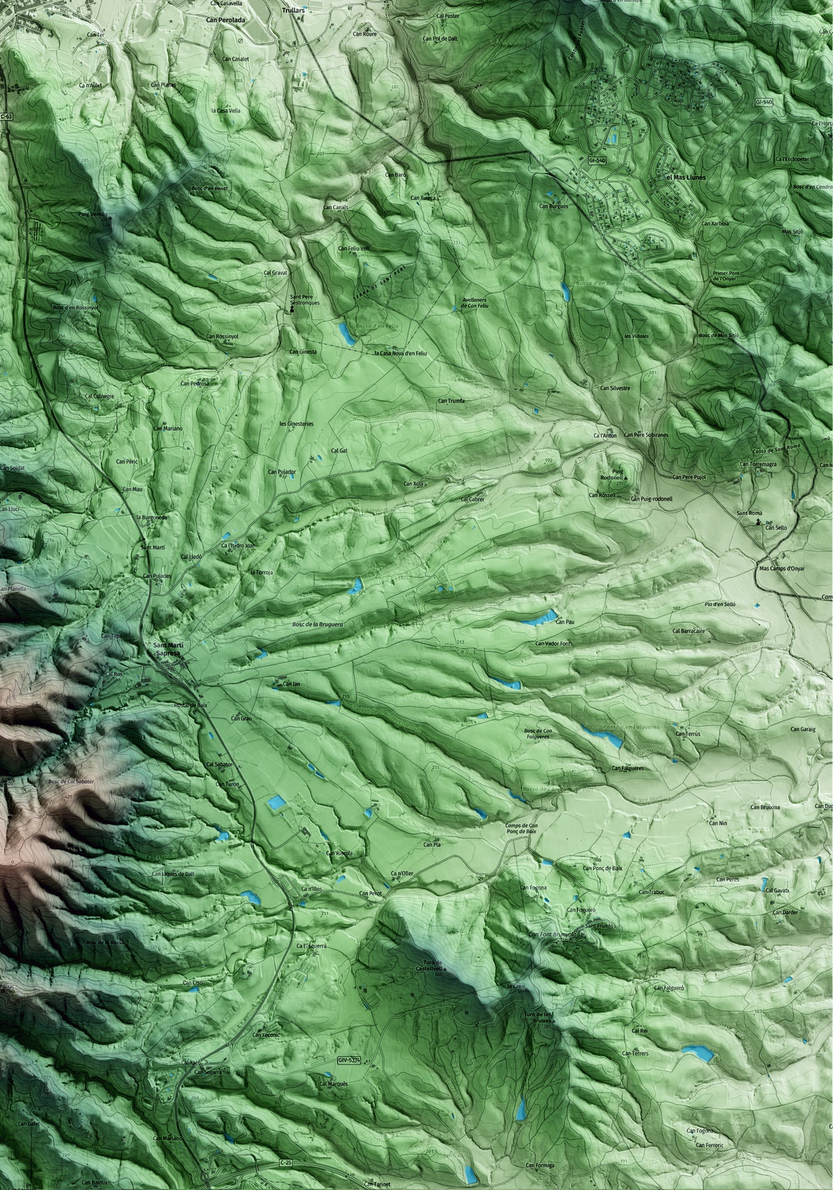 Mapa artístico del relieve de Anglès, a la Selva, con 15 km de entorno y base topográfica ICGC. Detalle de la zona inferior derecha.