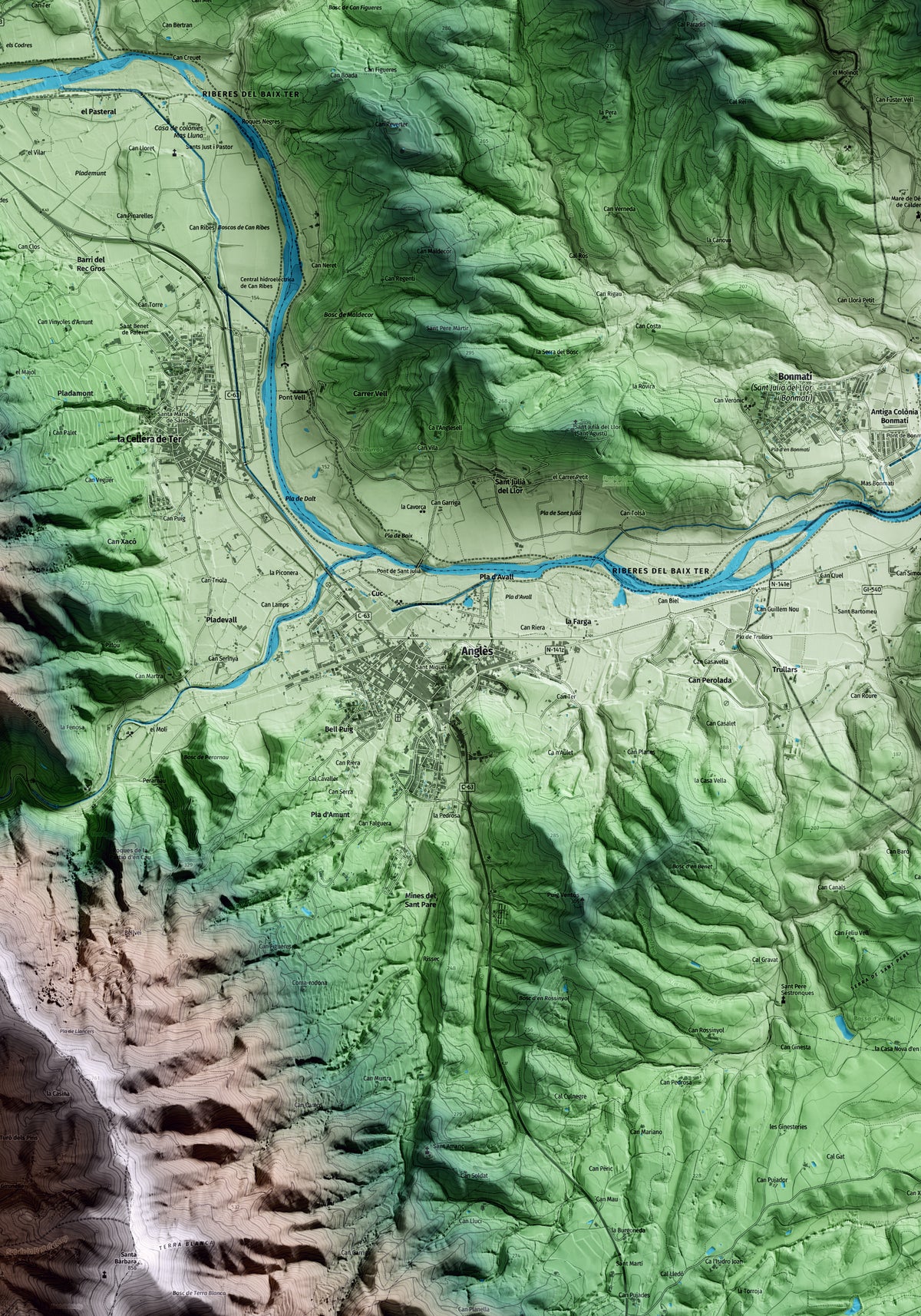Mapa artístico del relieve de Anglès, a la Selva, con 15 km de entorno y base topográfica ICGC. Detalle de la zona central.
